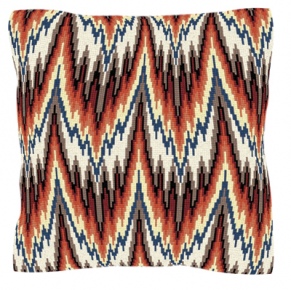 Briganta rust, gray, white, and blue colorway tent-stitch pillow using a bargello line pattern