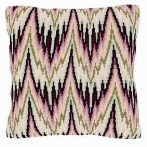 Briganta olive, pink, maroon, and white tent-stitch pillow using a bargello pattern